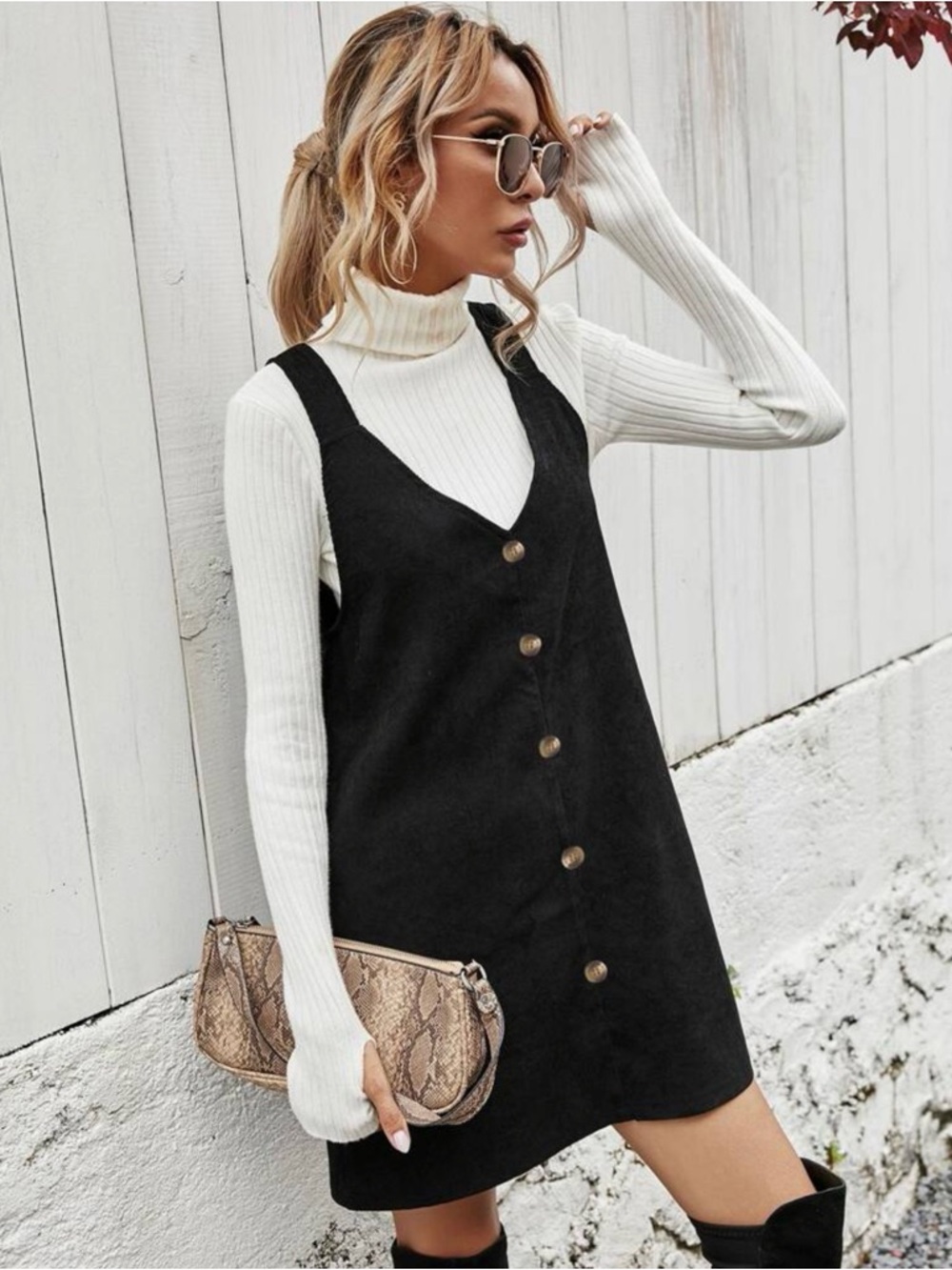 Black Button-Front Sleeveless Pinafore Dress